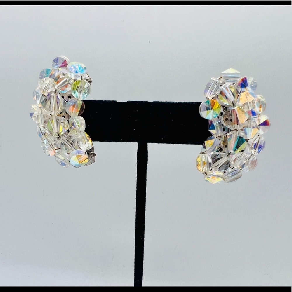Vintage aurora borealis crystal beaded clip on earrings climbers crawlers
